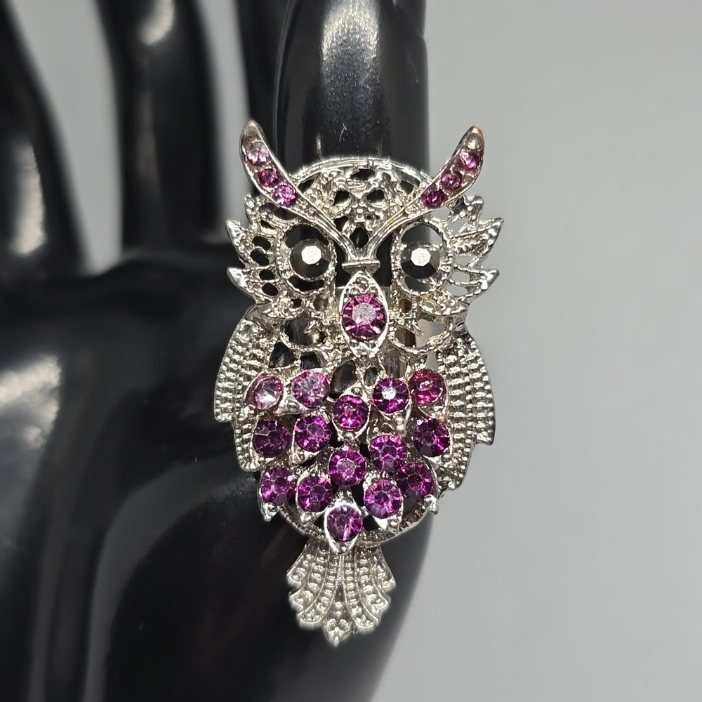 Purple silver owl adjustable ring